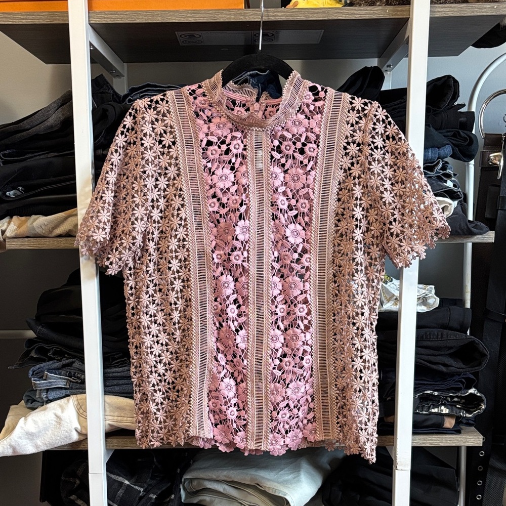 Self Portrait Pink Lace Short Sleeve Top